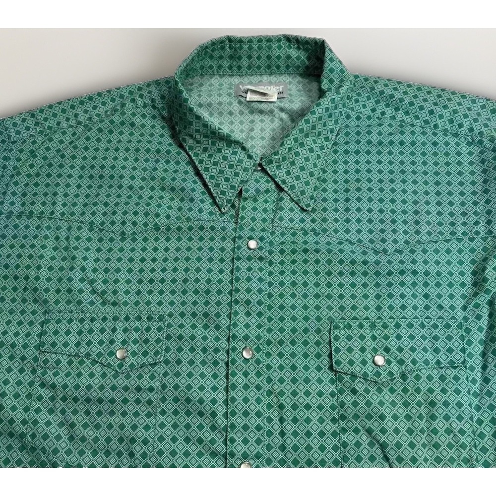 Wrangler Wrancher Shirt Men's 3XL Big Green Diamond Pattern S/S Pearl Snap Shirt